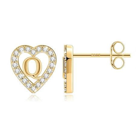 AUNOOL Heart Initial Stud Earrings for Women 14K Gold Plated 925 Sterling Silver Post Hypoallergenic Cubic Zirconia Love Heart Stud Earrings for Women