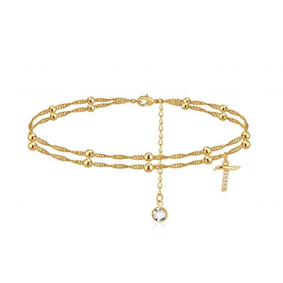 AUNOOL Initial Ankle Bracelets for Women 14K Gold Plated CZ Letter Layered Beaded Chain Anklet Gold Anklets for Women Summer Jewelry