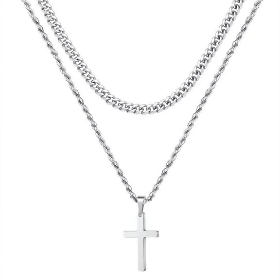 AUNOOL Layered Cross Necklace for Men 18K Gold Silver Black Stainless Steel Cross Layered Rope Chain Cross Necklace for Men Women