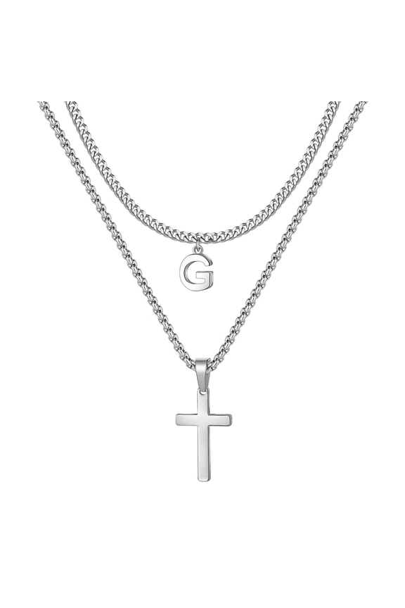 Layered Cross Necklace for Men Stainless Steel Chain Cross Initial Pendant Necklace Cuban Link Chain Necklaces for Men Women Fathers Day Gifts