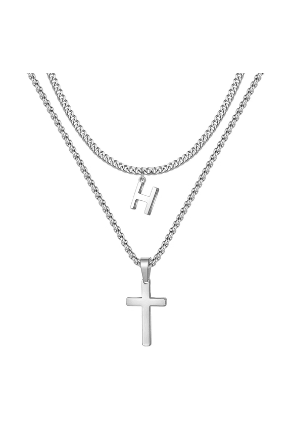 Layered Cross Necklace for Men Stainless Steel Chain Cross Initial Pendant Necklace Cuban Link Chain Necklaces for Men Women Fathers Day Gifts