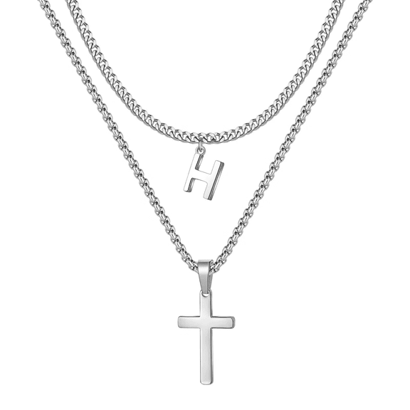 AUNOOL Layered Cross Necklace for Men Stainless Steel Chain Cross Initial Pendant Necklace Cuban Link Chain Necklaces for Men Women Fathers Day Gifts