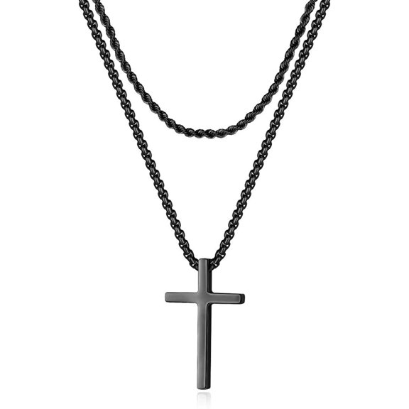AUNOOL Layered Cross Necklace for Men Stainless Steel Cross Necklace Layered Rope Chain Box Chain Cross Necklace for Men Women