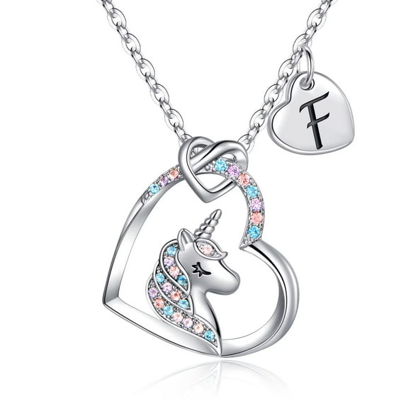 AUNOOL Unicorn Initial Necklaces for Women 14K White Gold Plated Colorful CZ Heart Pendant Unicorn Necklaces for Women Unicorn Jewelry Gifts
