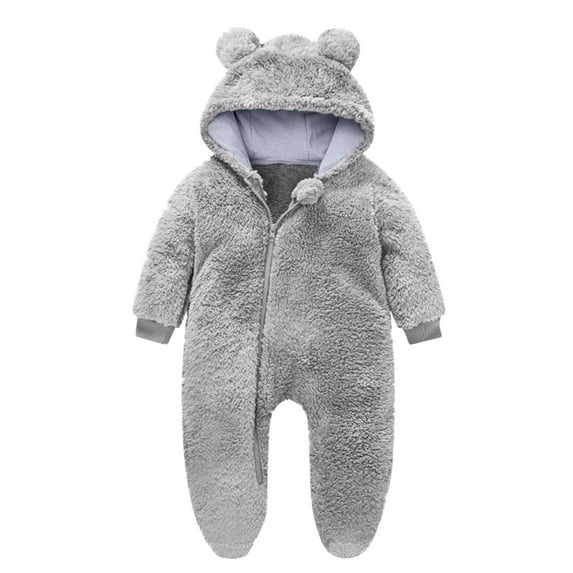 AUNVITO 0-12M Cozy Fleece Hooded Romper with Front Buttons Long Sleeve Coverall Baby Jumpsuit