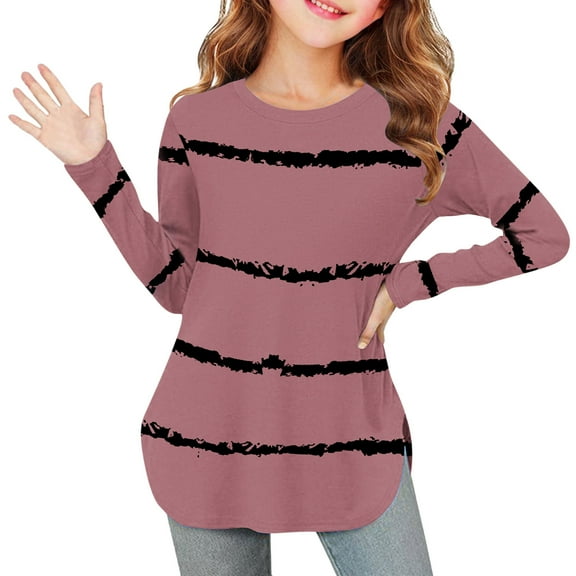 AUNVITO 2-12Y Girls Striped Print T-Shirt Soft Cotton-like Lycra Long Sleeve Round Neck Side Slit Hem Casual Top