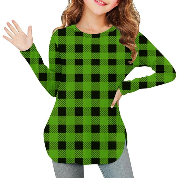 AUNVITO 2-12Y Girls Striped Print T-Shirt Soft Cotton-like Lycra Long Sleeve Round Neck Side Slit Hem Casual Top
