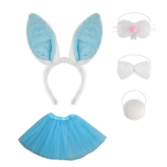 AUNVITO 2025 Easter Children Clothing Easter Headband Children's Performance Props Cute Hair Accessories Bow Tie Bunny Tail Nose Mask Wang Sha Dress Five Piece Set