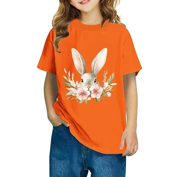 AUNVITO 2025 Easter Children Clothing Easter Round Neck Short Sleeved Cotton Top for Boys Girls Middle-aged and Older Children