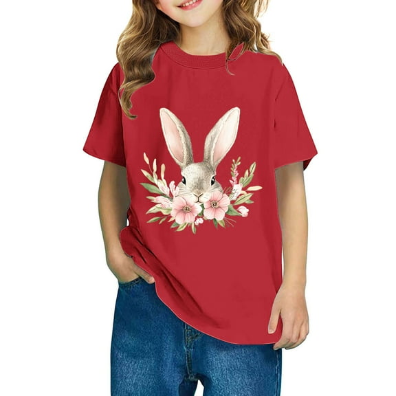 AUNVITO 2025 Easter Children Clothing Easter Round Neck Short Sleeved Cotton Top for Boys Girls Middle-aged and Older Children