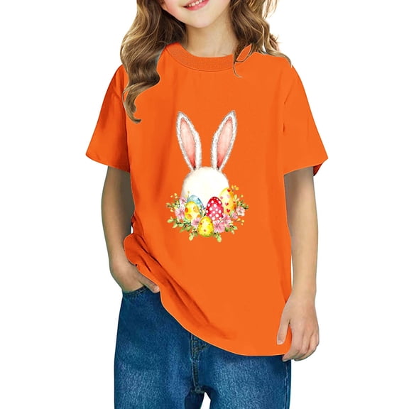 AUNVITO 2025 Easter Children Clothing Easter Round Neck Short Sleeved Cotton Top for Boys Girls Middle-aged and Older Children