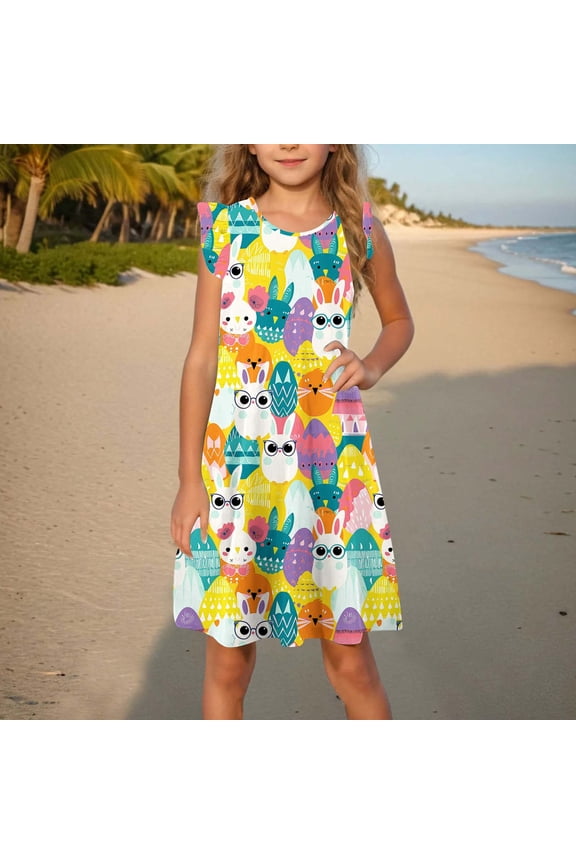 2025 Easter Children Clothing Toddler Girls Dress Summer Ruffle Sleeve Sundress Outfit for Kids 4-14T
