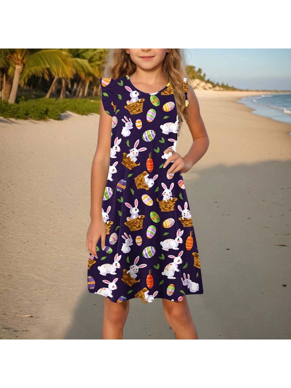 2025 Easter Children Clothing Toddler Girls Dress Summer Ruffle Sleeve Sundress Outfit for Kids 4-14T