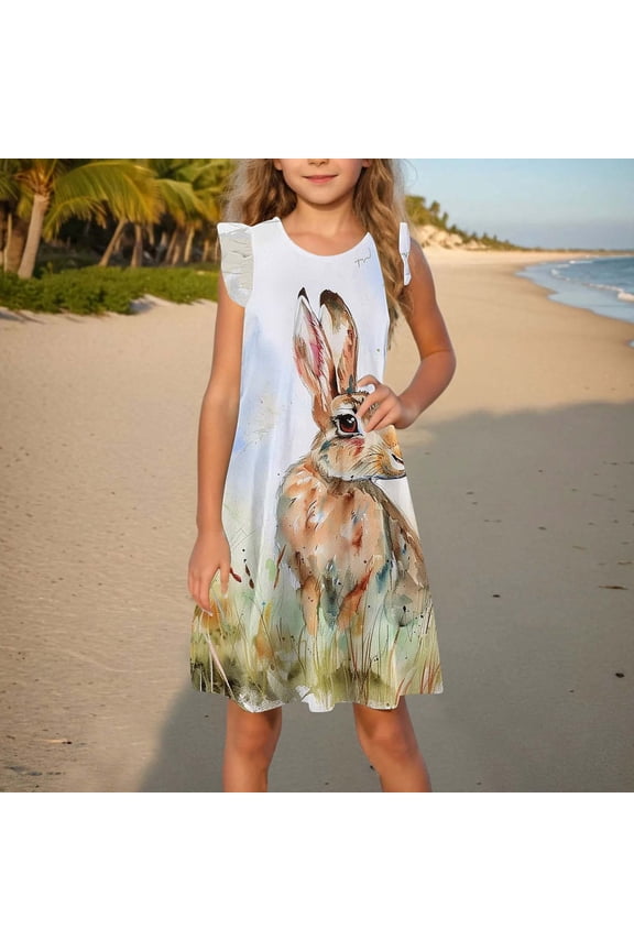 2025 Easter Children Clothing Toddler Girls Dress Summer Ruffle Sleeve Sundress Outfit for Kids 4-14T