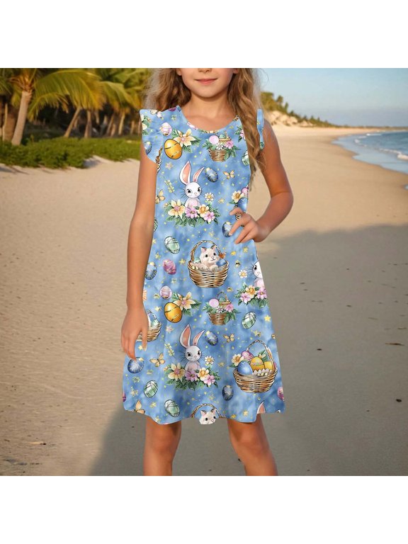 2025 Easter Children Clothing Toddler Girls Dress Summer Ruffle Sleeve Sundress Outfit for Kids 4-14T