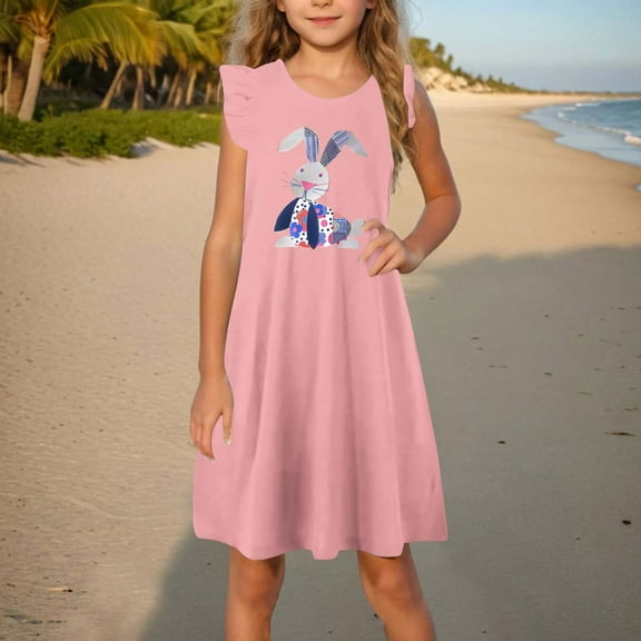 AUNVITO 2025 Easter Children Clothing Toddler Girls Dress Summer Ruffle Sleeve Sundress Outfit for Kids 4-14T