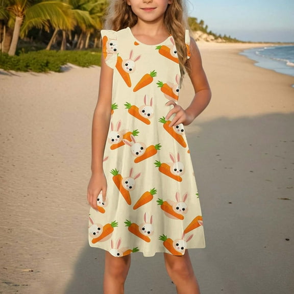 AUNVITO 2025 Easter Children Clothing Toddler Girls Dress Summer Ruffle Sleeve Sundress Outfit for Kids 4-14T