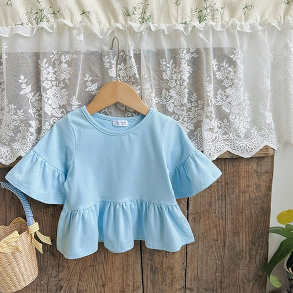 AUNVITO 2025 Trendy Children Solid Color Loose Girl Ruffle Sleeve Round-Neck Blouses Western Style Top