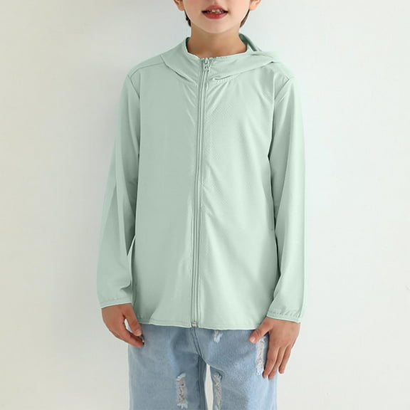 AUNVITO 2025 Trendy Children's Solid Color Sun Protection Clothing With Long Sleeves And Zippered Hooded Cardigan Jacket For Large Children
