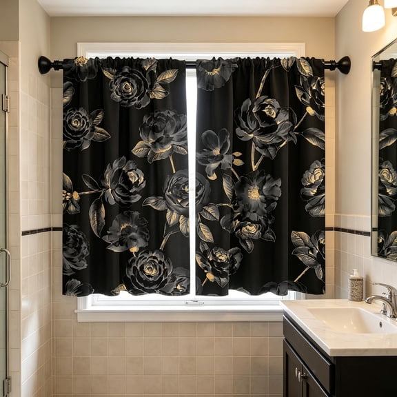 AUNVITO 2D Printed Kitchen Curtains Short Pair, Ghost Pattern Curtain, Grease Proof Material, Easy Clean Valance for Kitchen Window and Sink