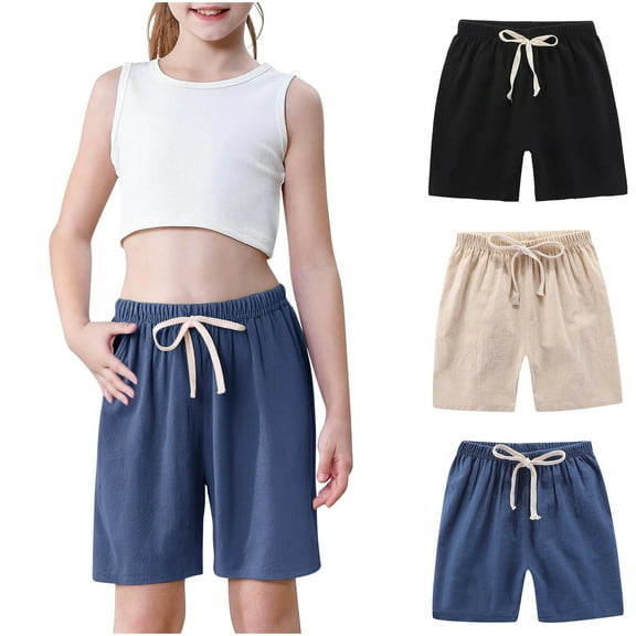 AUNVITO 3-Pack Boys & Girls Cotton Linen Shorts Solid Color Fashion Casual Outfit
