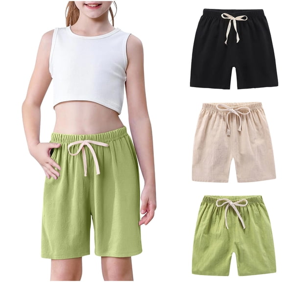 AUNVITO 3-Pack Boys & Girls Cotton Linen Shorts Solid Color Fashion Casual Outfit