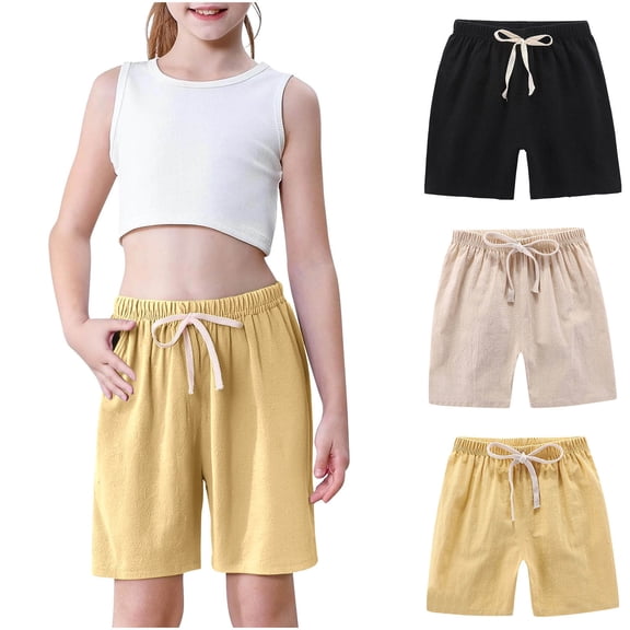 AUNVITO 3-Pack Boys & Girls Cotton Linen Shorts Solid Color Fashion Casual Outfit