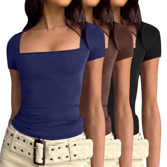 AUNVITO 3 Pack Womens Short Sleeve Shirts Square Neck Basic Slim Fit T-shirts Casual Summer Tops, XS-XL