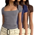 thumbnail image 1 of AUNVITO 3 Pack Womens Short Sleeve Shirts Square Neck Basic Slim Fit T-shirts Casual Summer Tops, XS-XL, 1 of 7