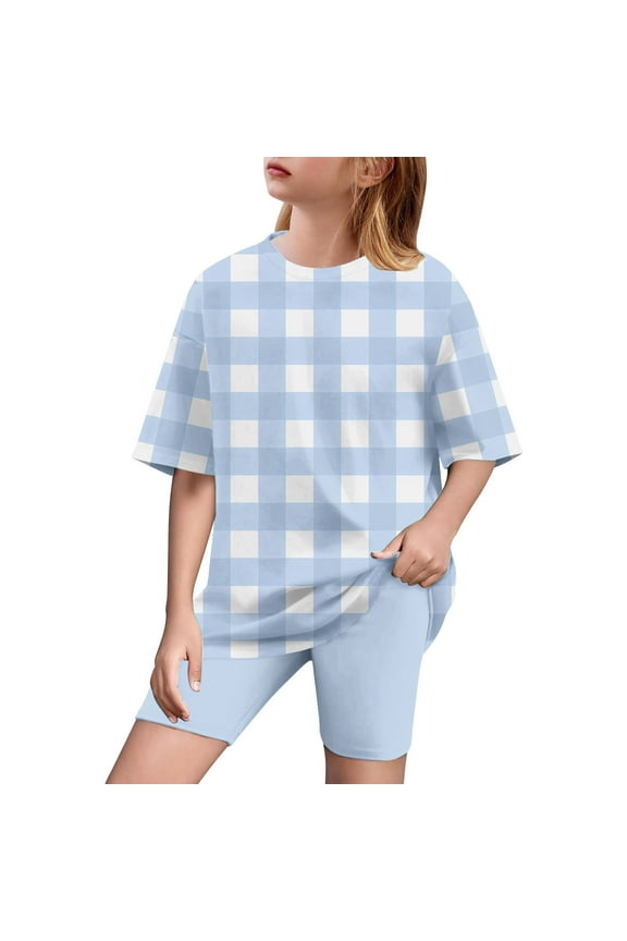 5-15 Years Boys & Girls Big Kids Casual Checkered Loose Fit Short Sleeve T-Shirt and Yoga Shorts Set