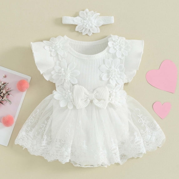 AUNVITO Baby Birthday Romper | Soft Tulle Flower Decor | 1st Year Ceremony | Sleeveless Short Crawl Romper