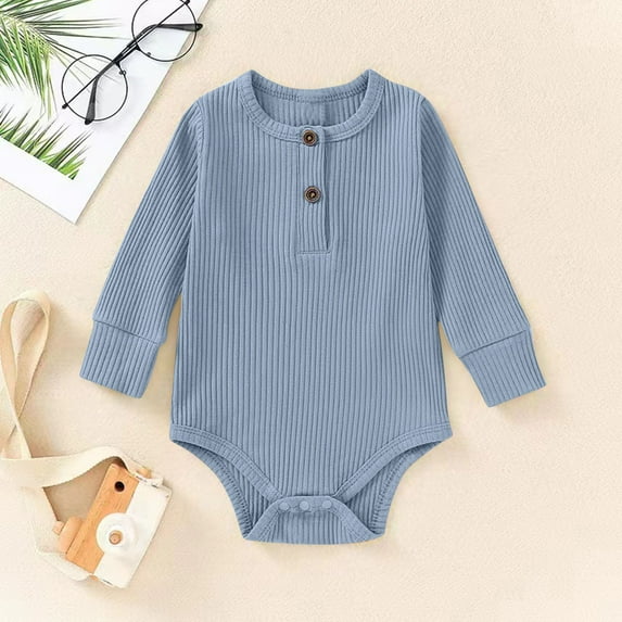 AUNVITO Baby Cotton Bodysuit Long Sleeve Snap Closure Romper Pure Color Spring Fall Outfit 0-24M Newborn Layette Soft Breathable One-Piece