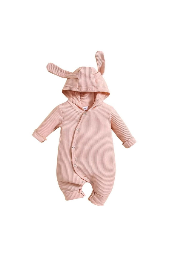 Baby Cotton Jumpsuit Long Sleeve Rabbit Ear Solid Color One-Piece Outfit 0-24M Soft Breathable Creeper