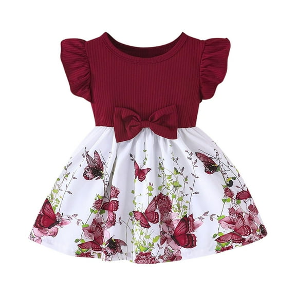 AUNVITO Baby Girls Butterfly Sleeve Ribbed Dress Butterfly Print Summer Princess Round Neck Short Sleeve