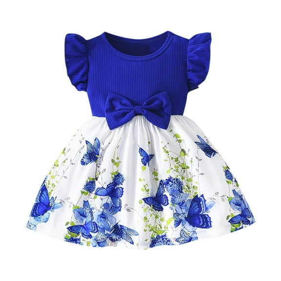 AUNVITO Baby Girls Butterfly Sleeve Ribbed Dress Butterfly Print Summer Princess Round Neck Short Sleeve