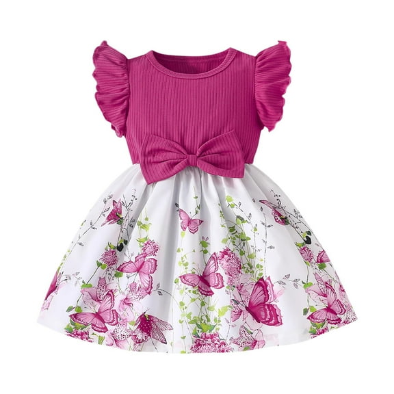 AUNVITO Baby Girls Butterfly Sleeve Ribbed Dress Butterfly Print Summer Princess Round Neck Short Sleeve