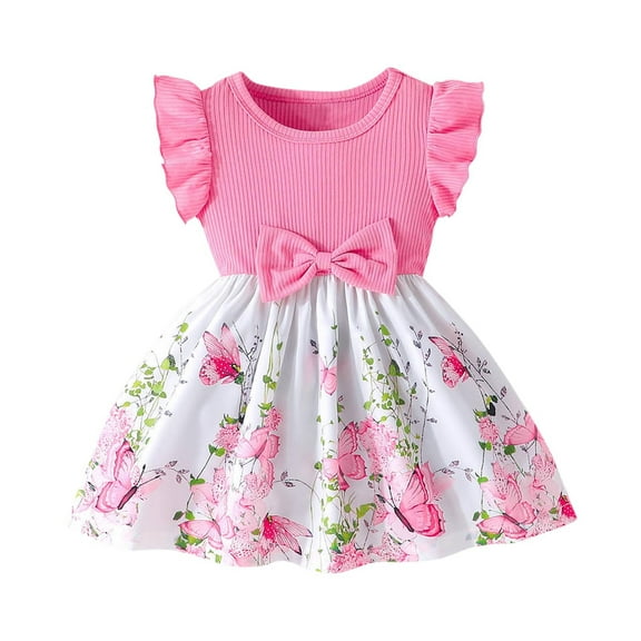AUNVITO Baby Girls Butterfly Sleeve Ribbed Dress Butterfly Print Summer Princess Round Neck Short Sleeve