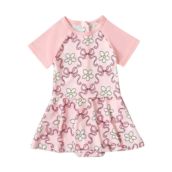 AUNVITO Baby Girls Cute One Piece Swimsuit UPF 50  Floral Dress Swimwear Short Sleeve Outfit with Hem for Beach,Pool