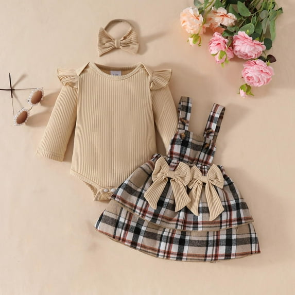 AUNVITO Baby Girls Ruffled Blouse & Plaid Skirt Set Bow Accent Ribbed Long Sleeve Top with Classic Plaid Skirt and Headband Sweet Fashion Autumn Winter Outfit