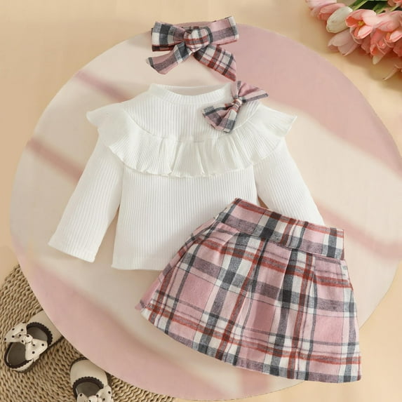 AUNVITO Baby Girls Ruffled Blouse & Plaid Skirt Set Bow Accent Ribbed Long Sleeve Top with Classic Plaid Skirt and Headband Sweet Fashion Autumn Winter Outfit