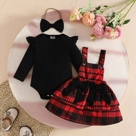 AUNVITO Baby Girls Ruffled Blouse & Plaid Skirt Set Bow Accent Ribbed Long Sleeve Top with Classic Plaid Skirt and Headband Sweet Fashion Autumn Winter Outfit