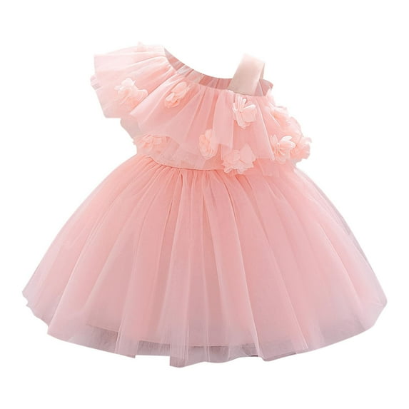 AUNVITO Baby Sleeveless Off-Shoulder Princess Dress 3D Tulle Christening Gown Party Dress Pure Color Round Neck Formal Attire