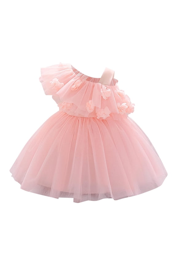 Baby Sleeveless Off-Shoulder Princess Dress 3D Tulle Christening Gown Party Dress Pure Color Round Neck Formal Attire