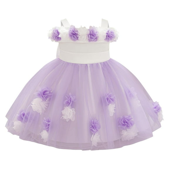 AUNVITO Baby Sleeveless Princess Dress Strappy 3D Tulle Party Gown Baptism Ceremony Formal Attire Elegant