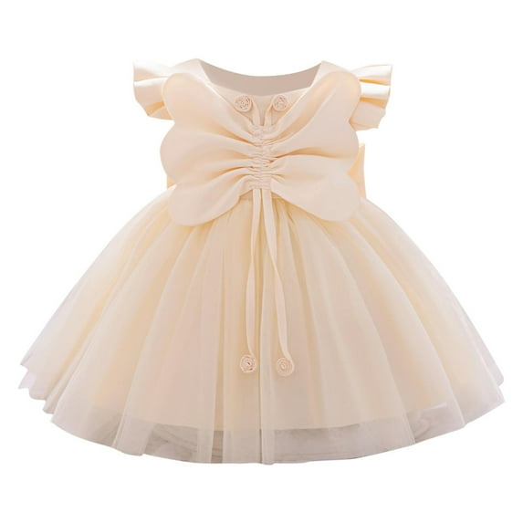 AUNVITO Baby Toddler Puffy Dress Flutter Sleeves Bow Ruffled Tulle Princess Party Dress Round Neck Short Sleeve Summer