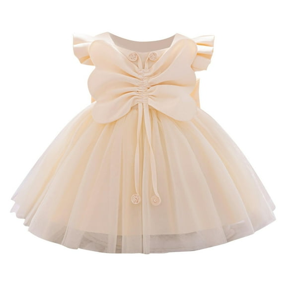 AUNVITO Baby Toddler Puffy Dress Flutter Sleeves Bow Ruffled Tulle Princess Party Dress Round Neck Short Sleeve Summer