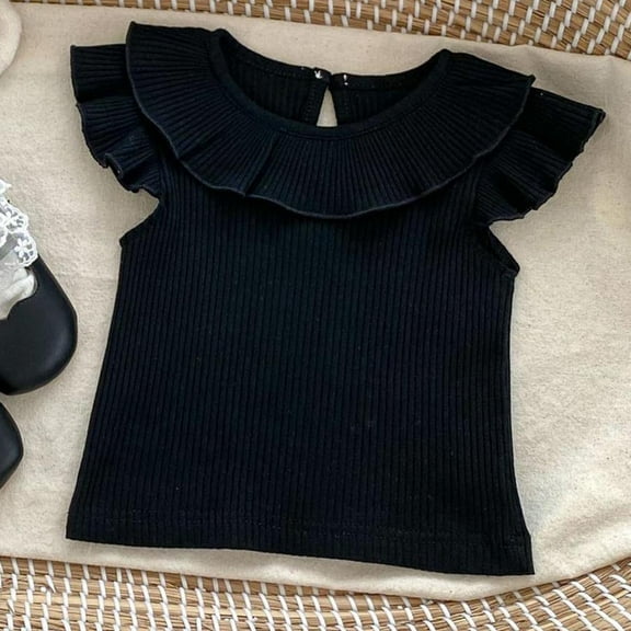 AUNVITO Big Girls Ruffled Short Sleeve Tops Knit Textured Tee Shirts Kids Mini Crew Neck Lightweight Pullover Casual Loose Blouse