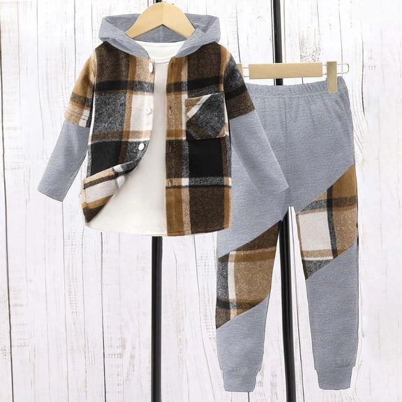 AUNVITO Boys 2-12Y Plaid Hooded Windbreaker & Casual Pants 2-Piece Set Single Button Long Sleeve Autumn Outfit Durable Nylon Blend Stretchy Fit