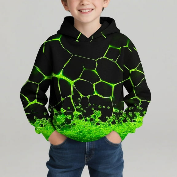 AUNVITO Boys 4-14Y Hooded Sweatshirt Printed Patchwork Long Sleeve Casual Fall Winter Pullover Top with Elastic Cuffs for Daily Outfit & Outdoor Play