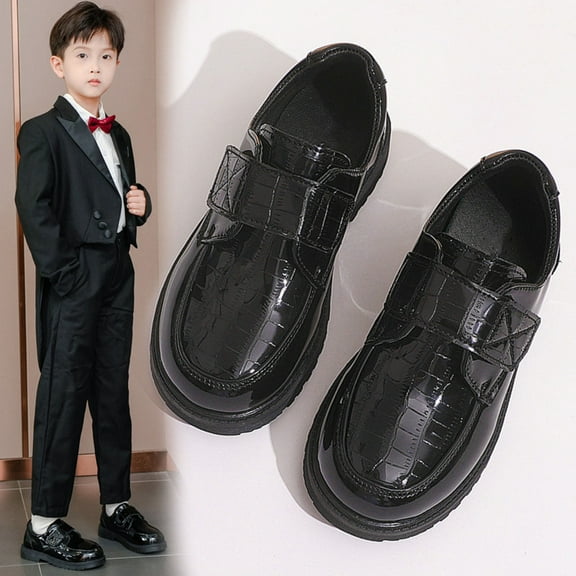 AUNVITO Boys 4-14Y Shiny Strap Closure Dress Shoes Soft Sole British Style Casual Oxford School Uniform Shoes